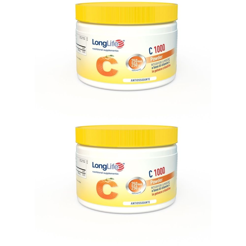 Due barattoli bianchi con coperchi gialli. Scritta: LongLife, C 1000 Powder, 250 g. Simbolo C arancione.