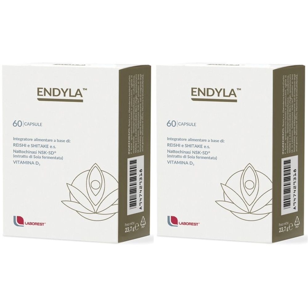 Due scatole bianche con logo "ENDYLA" e testo. Ogni scatola riporta "60 CAPSULE".