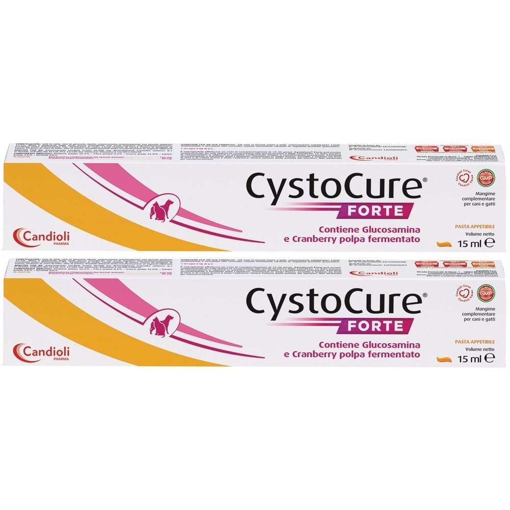 Due tubi di CystoCure Forte. Confezione bianca con accenti rosa e gialli. Contiene glucosamina ed estratto di mirtillo rosso. 15 ml.
