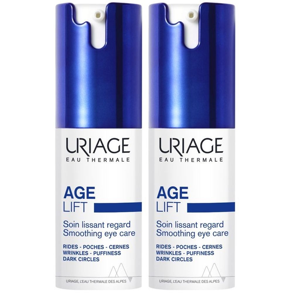 Due tubi blu e bianchi. Scritta: URIAGE, AGE LIFT, cura occhi. Contiene informazioni su rughe, borse e occhiaie.