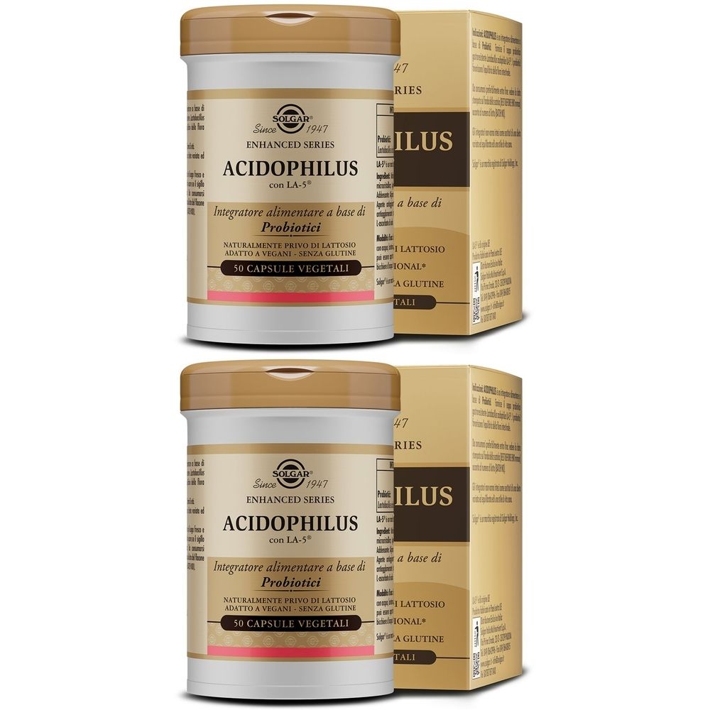 Due barattoli bianchi con coperchi ed etichette marroni. Scritta: ACIDOPHILUS, Probiotici. Accanto, due scatole.