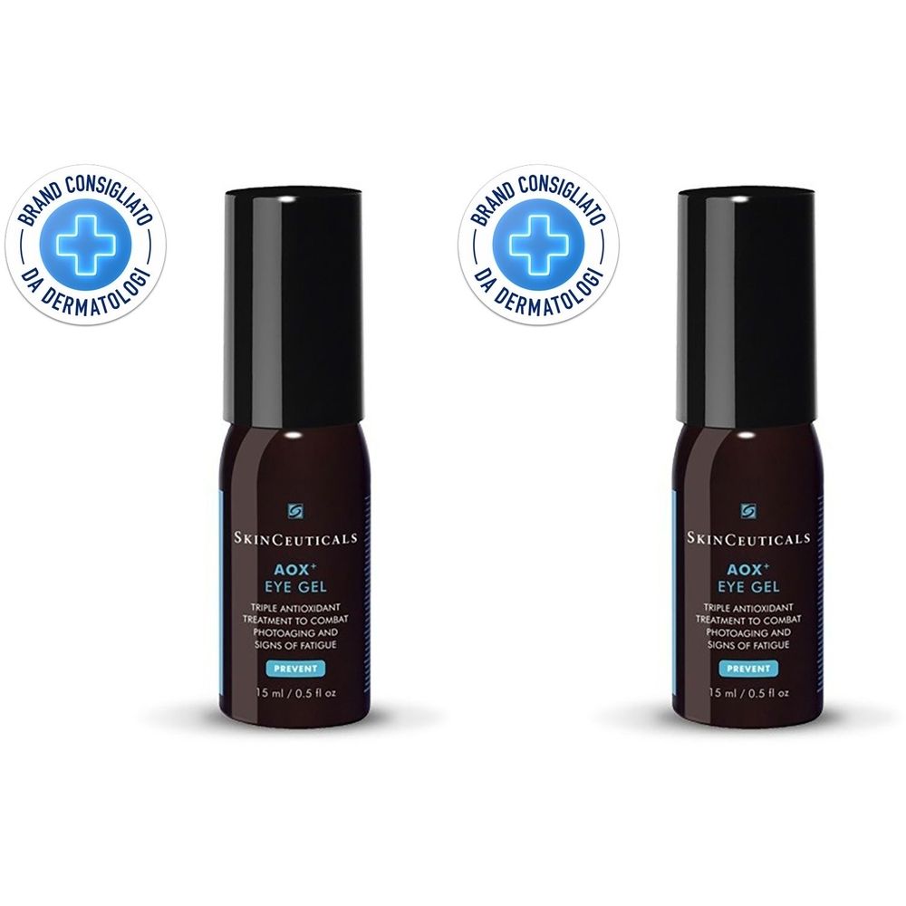 Due flaconi di SkinCeuticals AOX+ Eye Gel. Flaconi marrone scuro con tappo nero. Scritta: AOX Eye Gel. Consigliato dai dermatologi.
