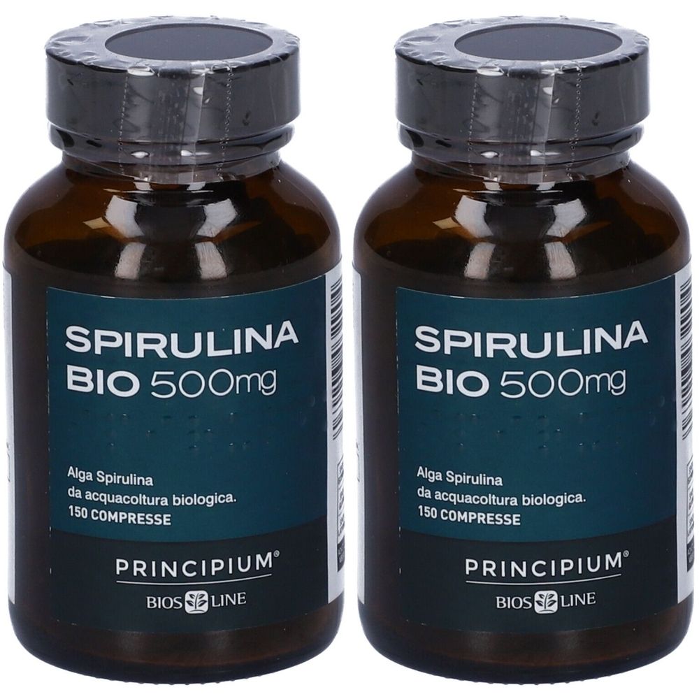Due flaconi di compresse di spirulina. Scritta: Spirulina Bio 500mg, Alga Spirulina, 150 compresse. Marchio: Principium, Bios Line.