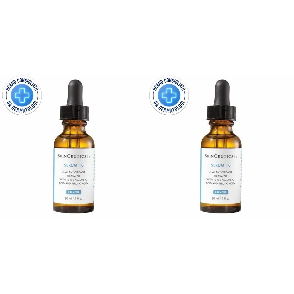 Due flaconi di vetro marrone con contagocce. Ogni flacone riporta la scritta "Serum 10". Loghi con testo in alto.