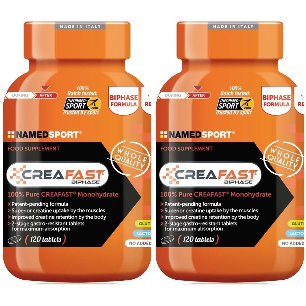 Due flaconi arancioni NAMEDSPORT Creafast. Scritta: 100% Pure Creafast Monohydrate, 120 compresse. Con marchio di qualità.