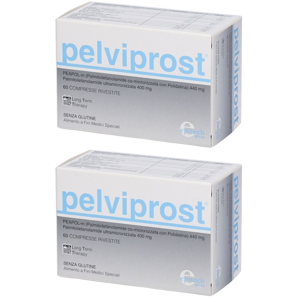Due scatole con la scritta "pelviprost". Scritta: 60 COMPRESSE RIVESTITE. Testo: SENZA GLUTINE. Confezione bianca e grigia.