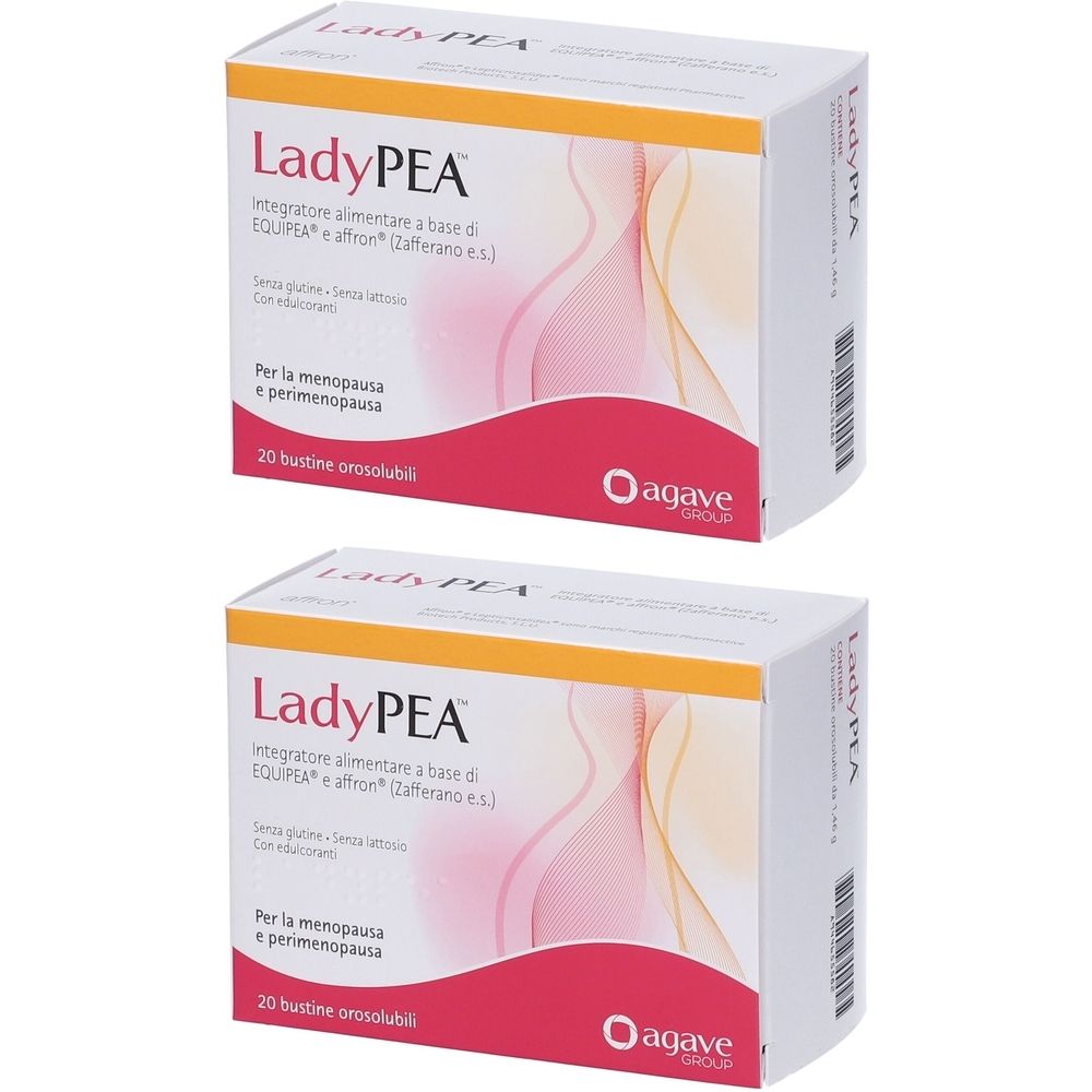 Due confezioni di LadyPEA. Confezione bianca con grafica rossa e gialla. Testo: 20 bustine, per menopausa e perimenopausa.