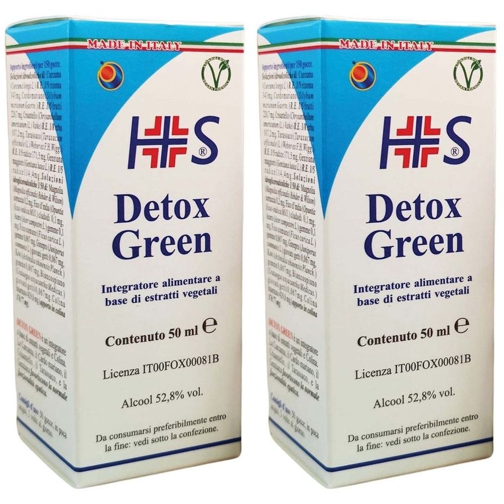 Due scatole bianche con design blu. Scritta: Detox Green, Integratore alimentare, 50 ml, Alcool 52,8%.