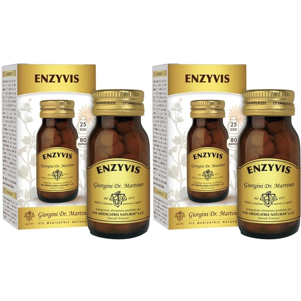 Due confezioni di Enzyvis. Ogni confezione contiene un flacone di vetro marrone con etichetta dorata e una scatola.