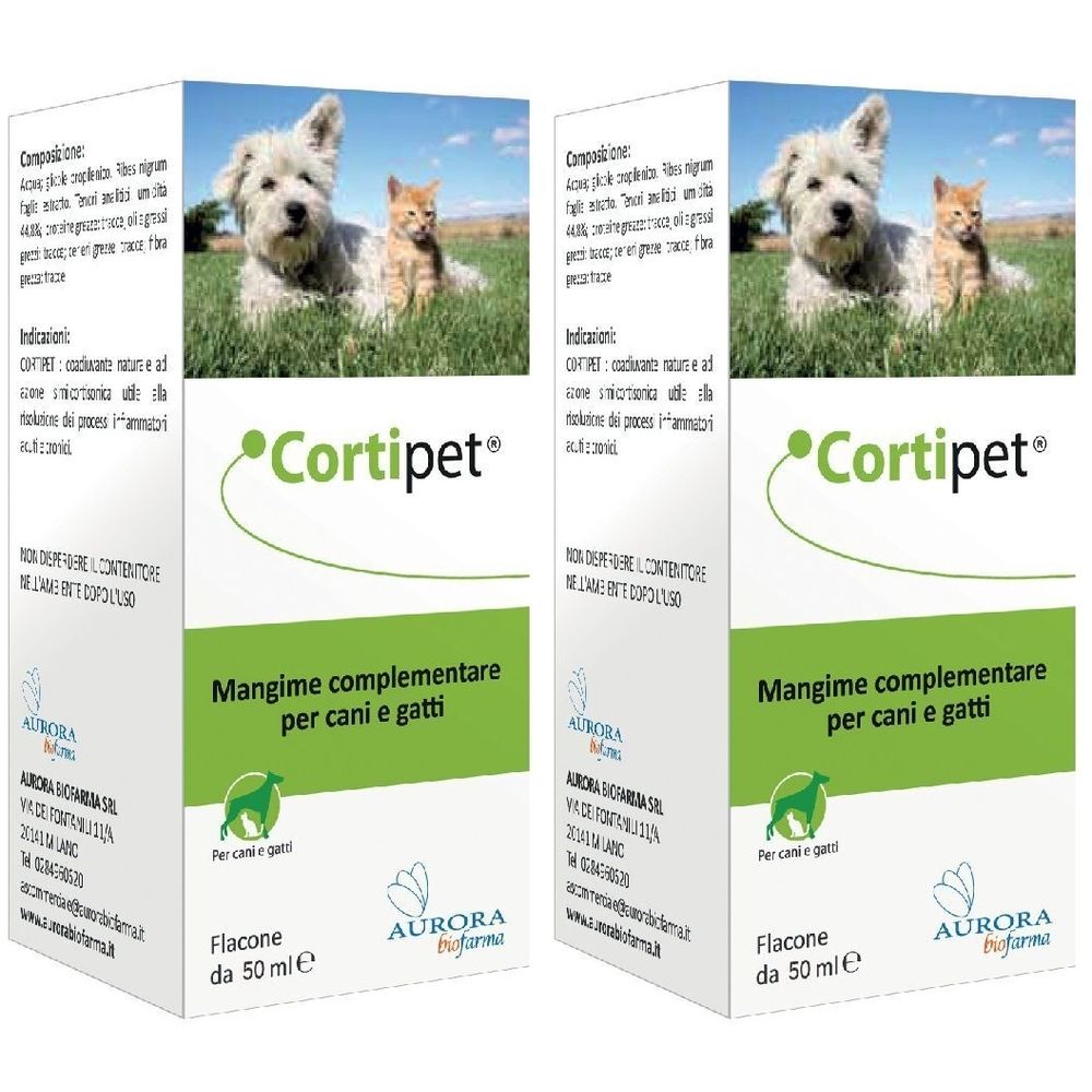 Due scatole di Cortipet. Scritta: Cortipet, Mangime complementare per cani e gatti, Flacone da 50 ml. Immagine di cane e gatto.