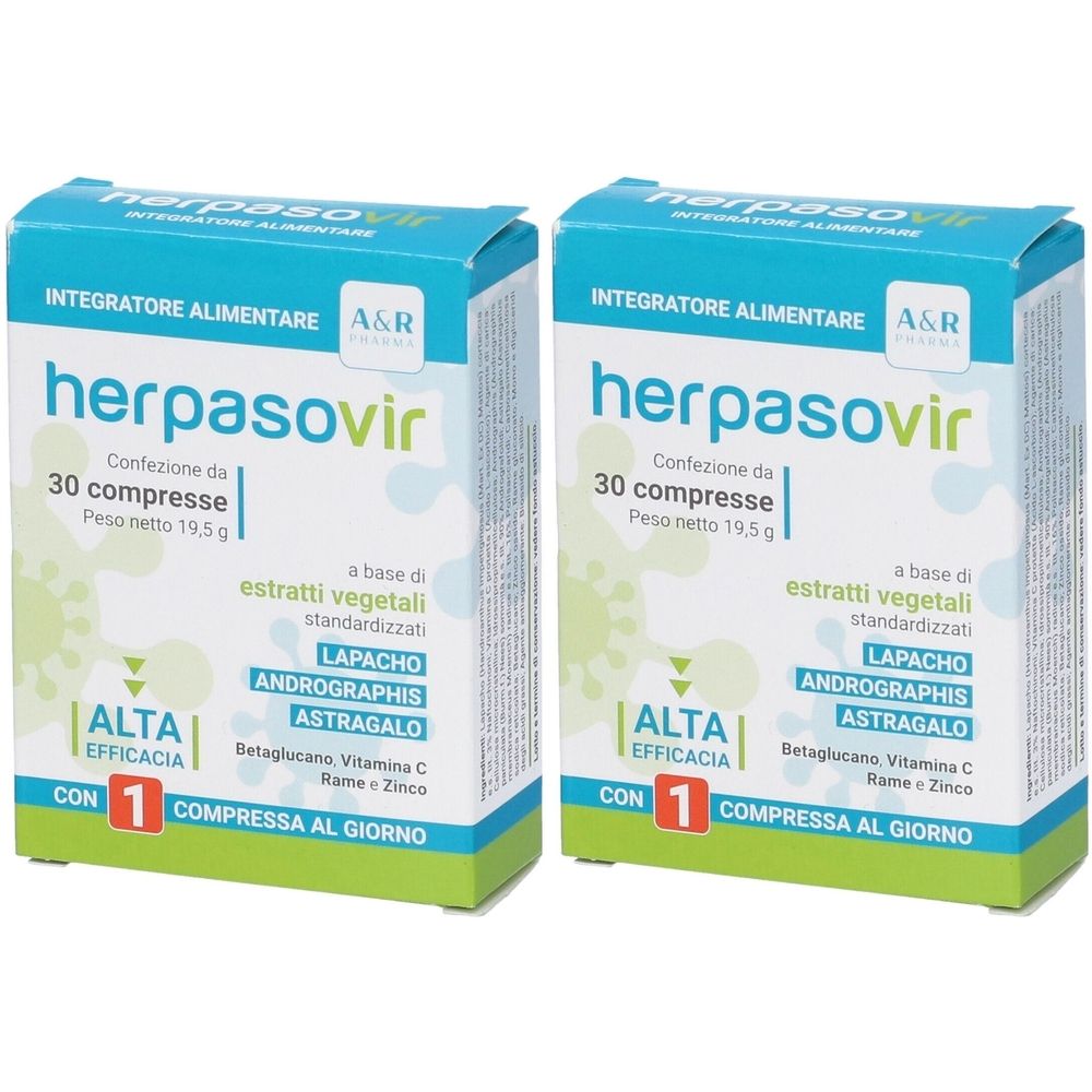 Due scatole di Herpasovir. Scritta: 30 compresse, 19,5 g. Contiene estratti vegetali. Marchio A&R. Alta efficacia.
