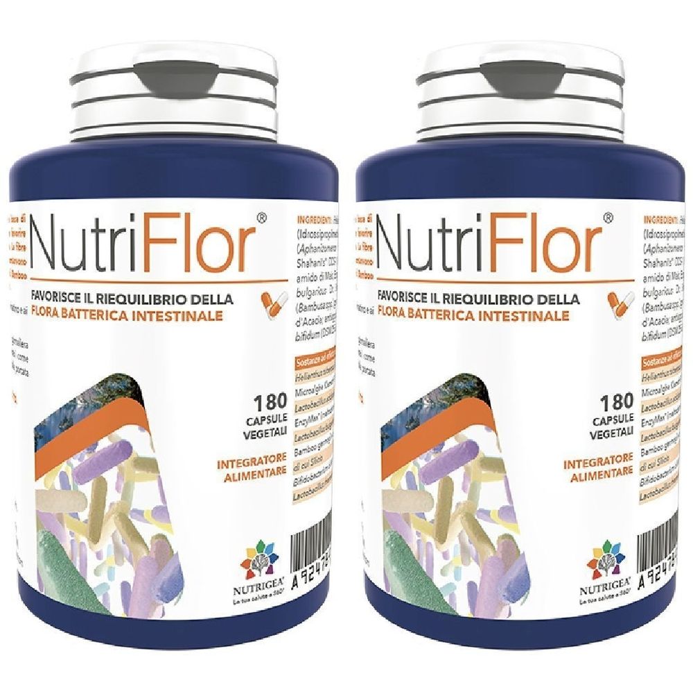 Due flaconi blu con tappi bianchi. Scritta NutriFlor, 180 capsule, per la flora intestinale. Marchio NUTRIGEA.
