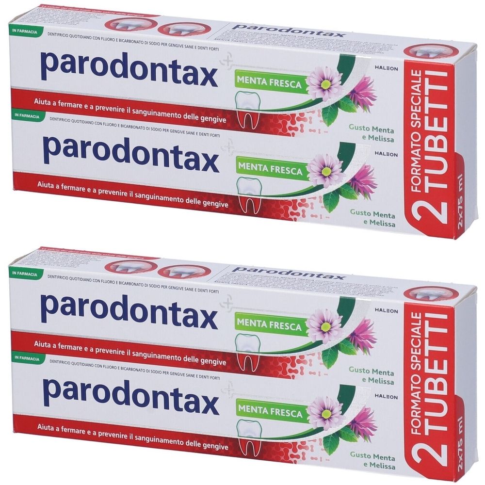 Due confezioni di dentifricio. Scritta: parodontax, Menta Fresca. Confezione rossa e bianca. Contiene due tubi.