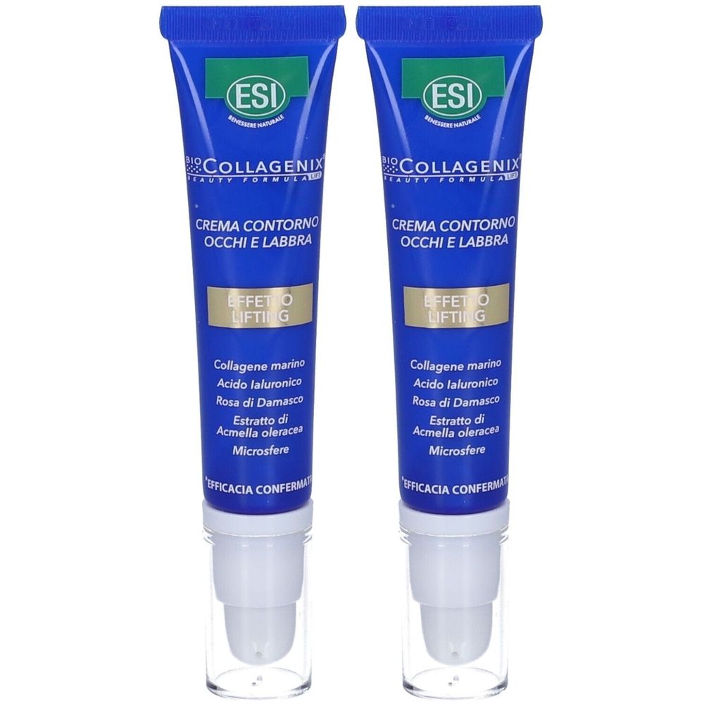 Due tubi blu con applicatore bianco. Scritta: ESI Collagenix, Crema Contorno Occhi e Labbra, Effetto Lifting.