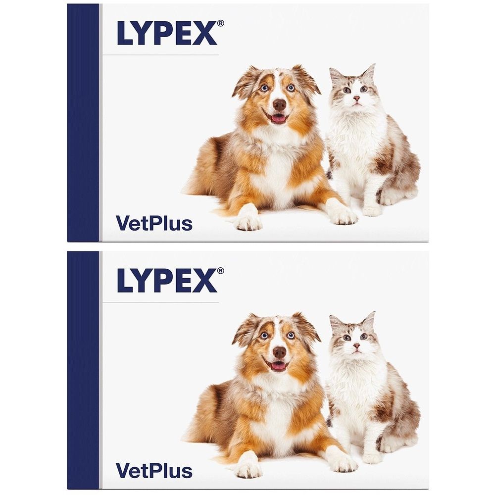 Due confezioni di Lypex. Su ogni confezione un cane e un gatto. In alto Lypex, sotto VetPlus.