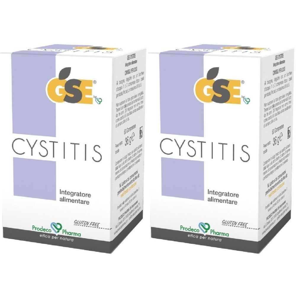 Due scatole bianche con scritta "CYSTITIS". Loghi "GSE" e "Prodeco Pharma". Scritta "Senza glutine".