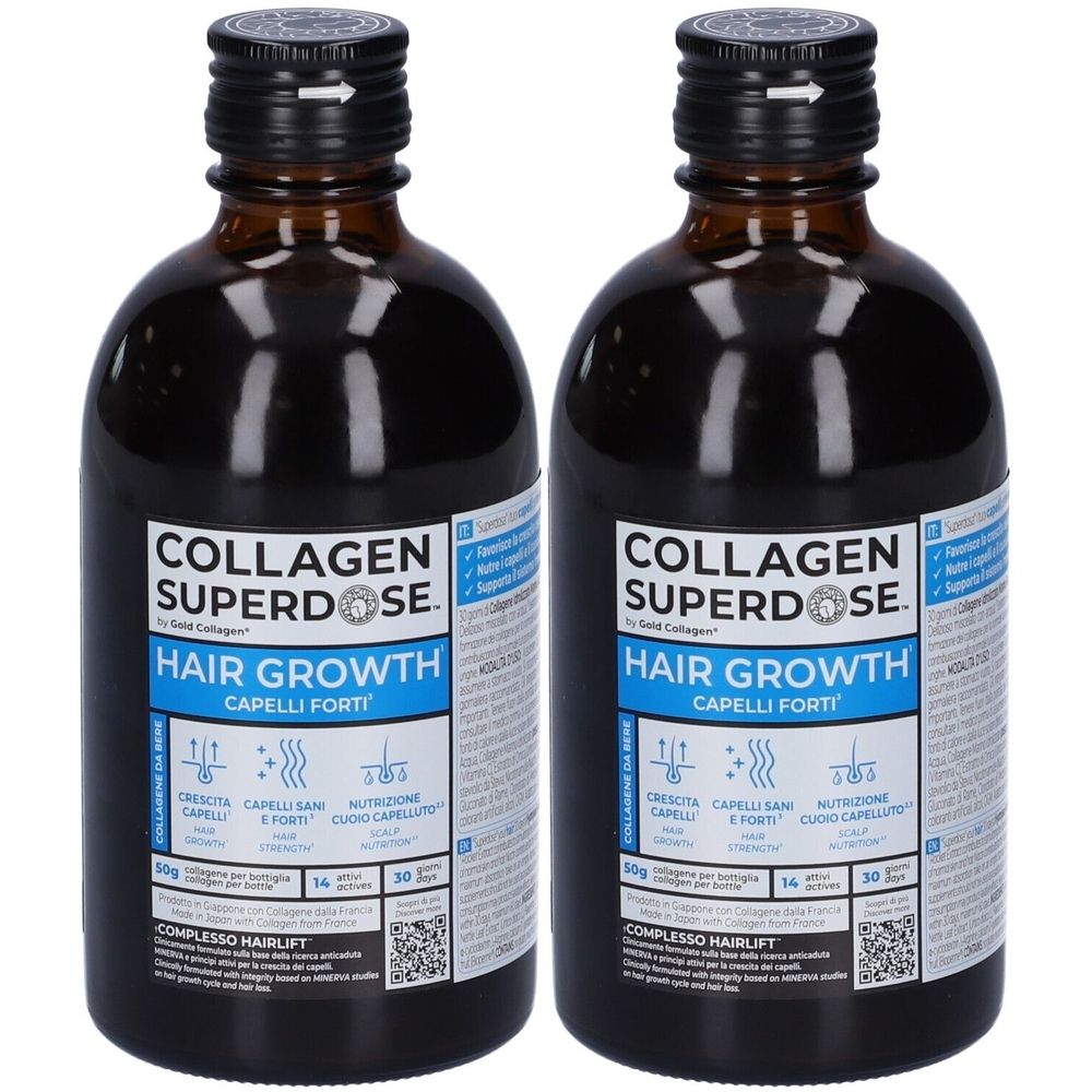 Due bottiglie di vetro marrone con tappi neri. L'etichetta recita "COLLAGEN SUPERDOSE Hair Growth".