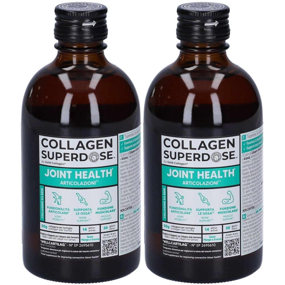 Due bottiglie di vetro marrone con tappo nero. L'etichetta riporta "COLLAGEN SUPERDOSE JOINT HEALTH".