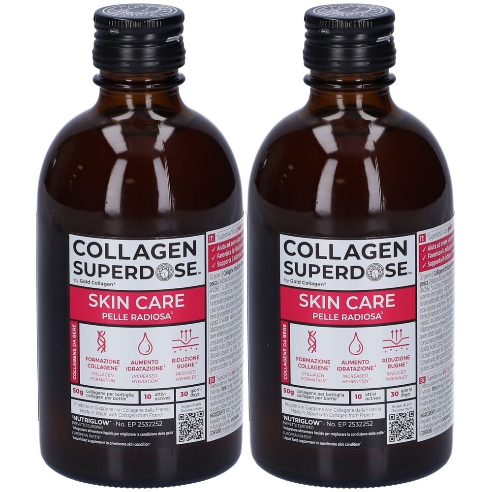 Due bottiglie di vetro marrone con tappi neri. Scritta: Collagen Superdose Skin Care. Etichette rosse con testo e simboli.