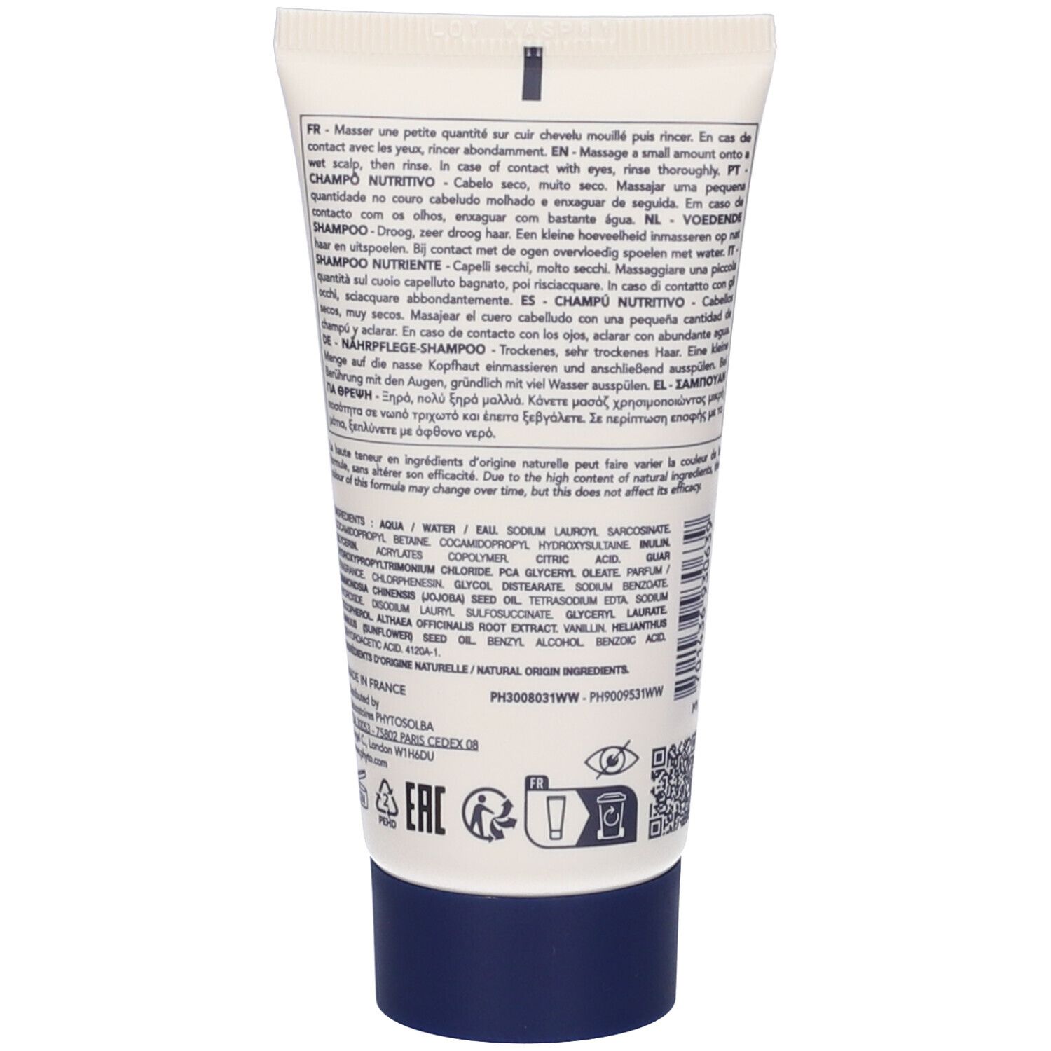 Retro del tubo. Testo multilingue. Contiene ingredienti e informazioni per l'uso.