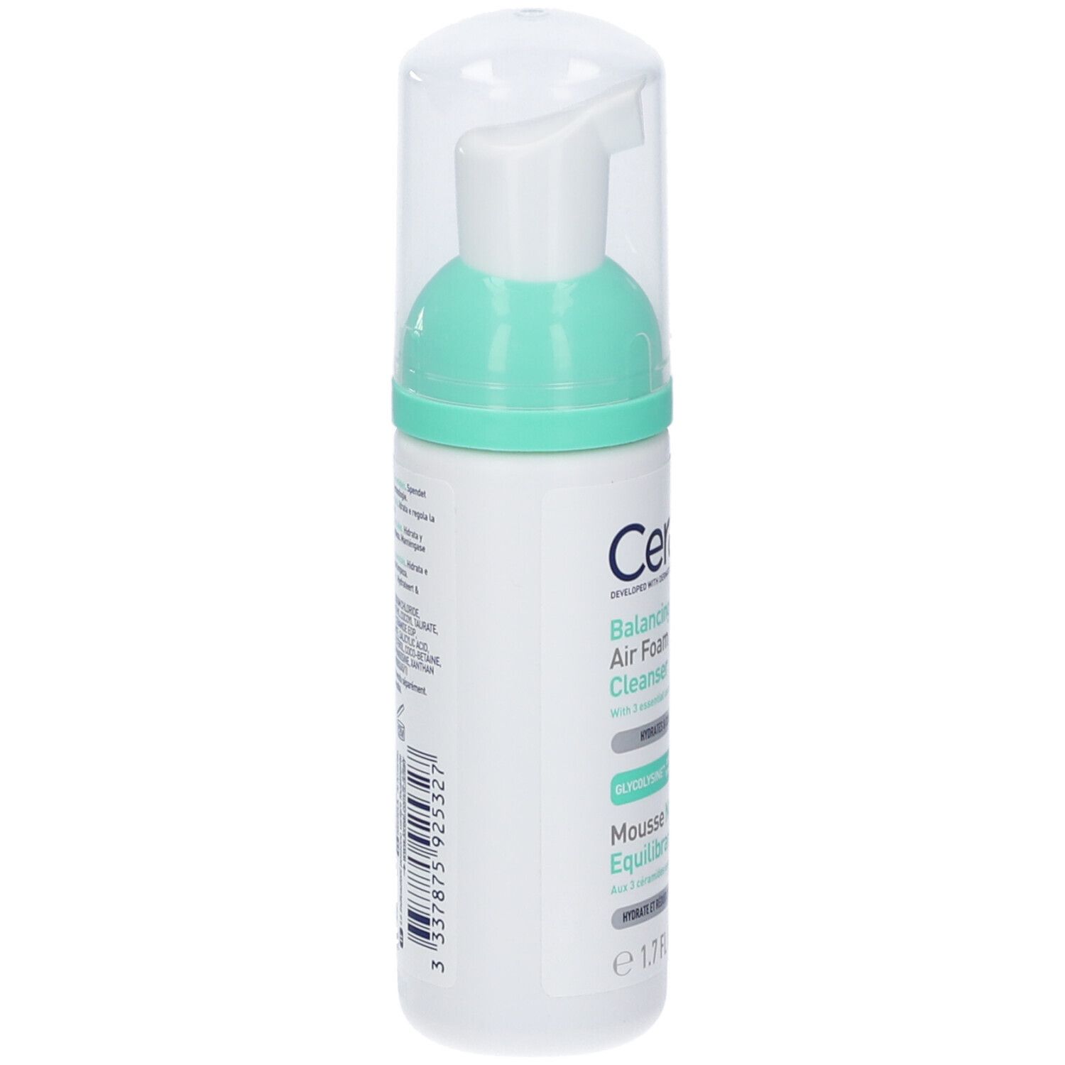 Flacone bianco con testo e codice a barre. Testo: CeraVe, Balancing Air Foam Cleanser. Retro con ingredienti e informazioni produttore.
