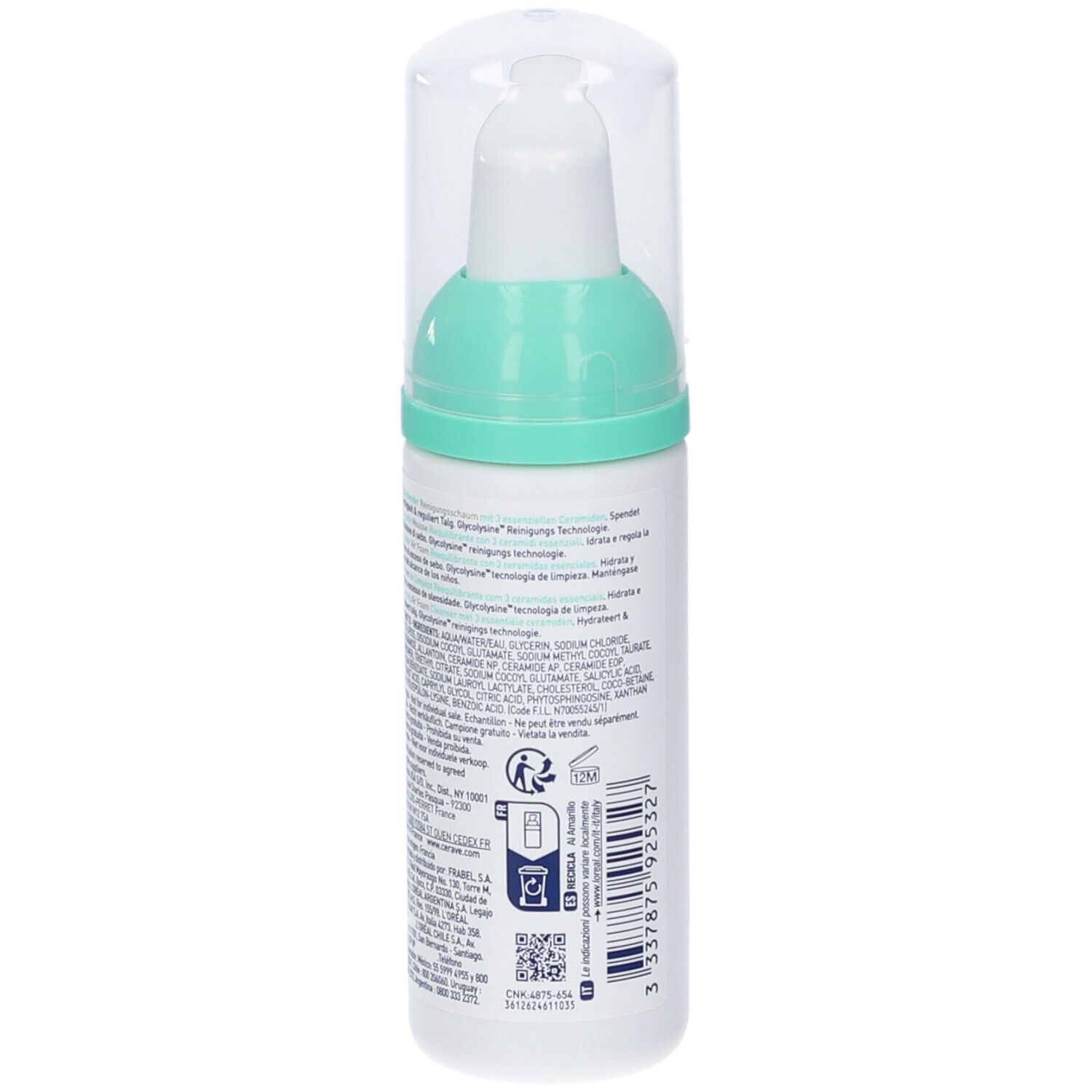 Flacone bianco, retro con testo. Testo: CeraVe, Balancing Air Foam Cleanser. Ingredienti, informazioni produttore, simbolo riciclo.