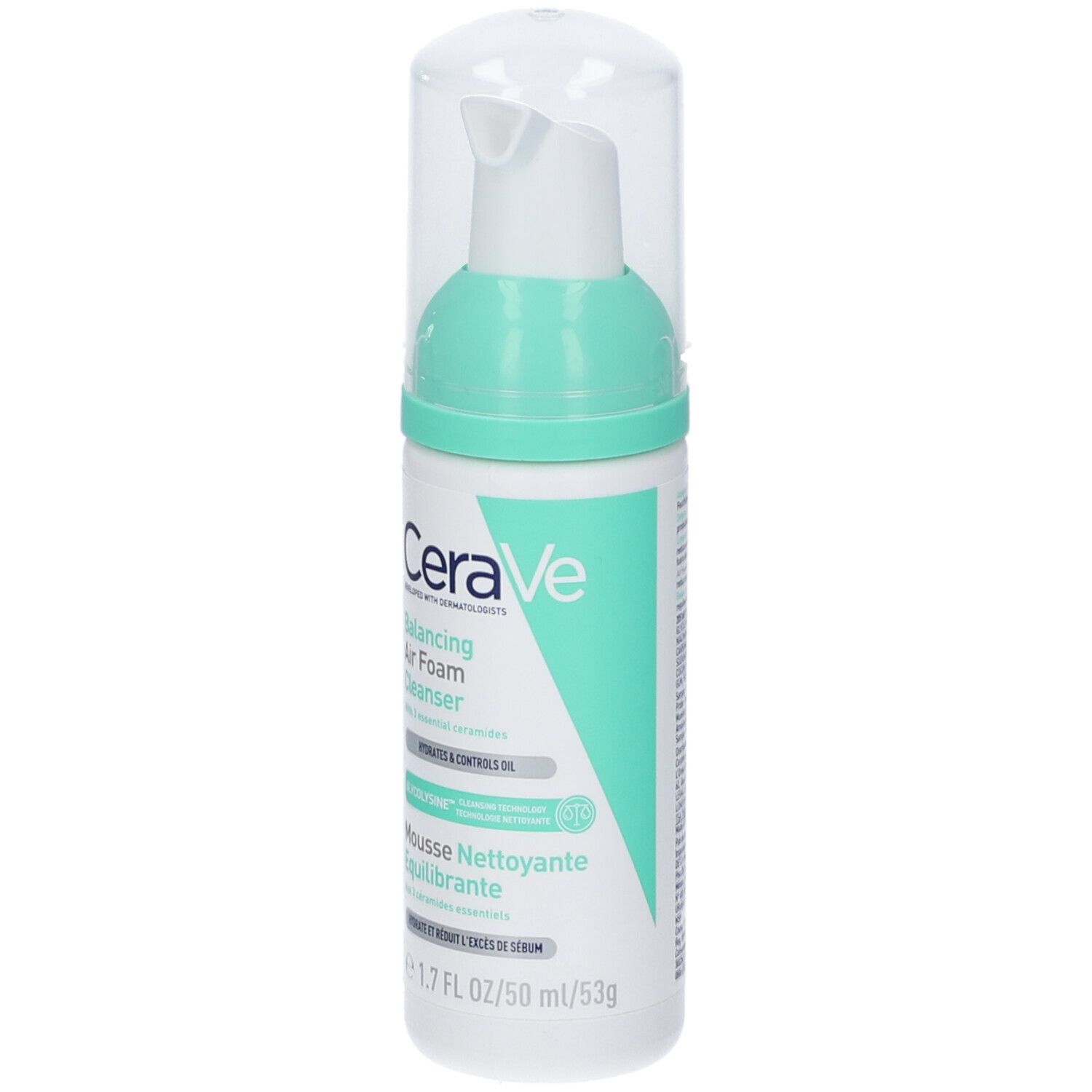 Flacone bianco-verde con erogatore a spruzzo. Testo: CeraVe, Balancing Air Foam Cleanser, Mousse Nettoyante Équilibrante. 1.7 fl oz/50 ml.