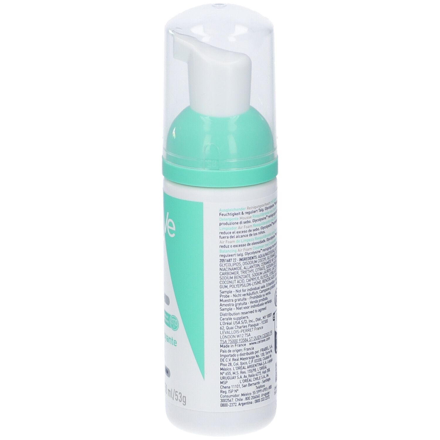 Flacone bianco, retro con testo. Testo: CeraVe, Balancing Air Foam Cleanser. Ingredienti, informazioni produttore.