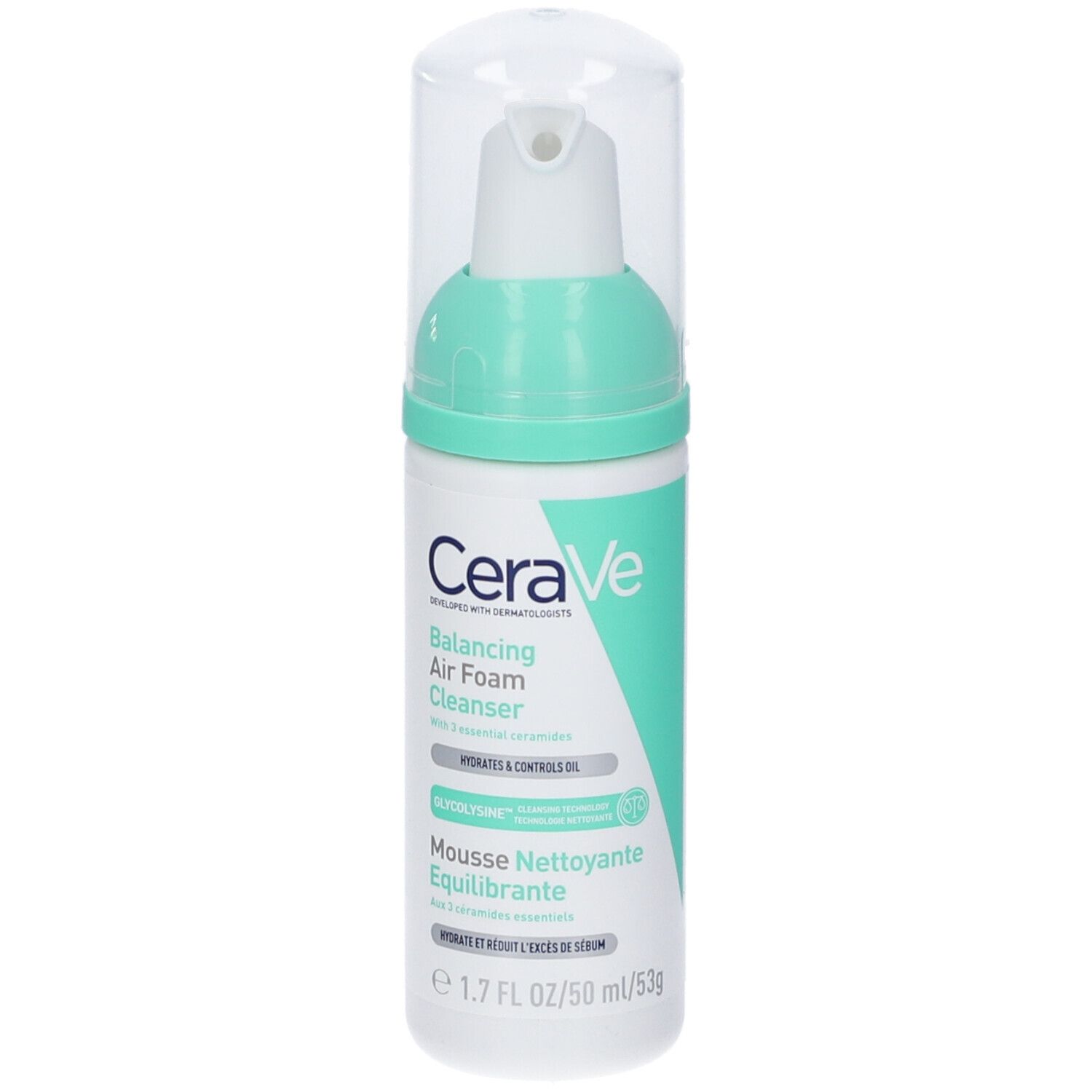 Flacone bianco-verde con erogatore a spruzzo. Testo: CeraVe, Balancing Air Foam Cleanser, Mousse Nettoyante Équilibrante. 1.7 fl oz/50 ml.