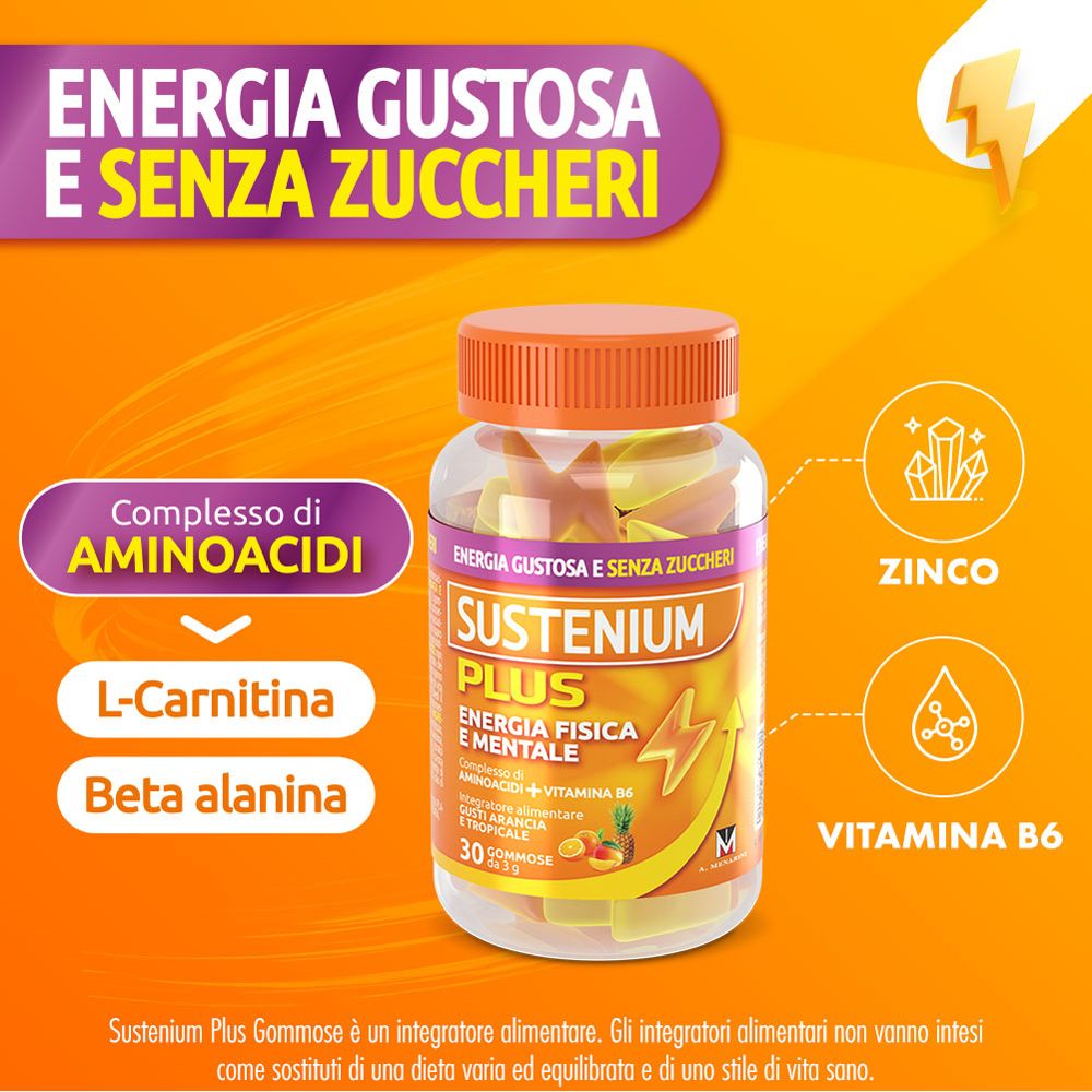 Un flacone Sustenium Plus con tappo arancione. Scritta: Energia Gustosa e Senza Zuccheri. Contiene aminoacidi, L-Carnitina, Beta Alanina.