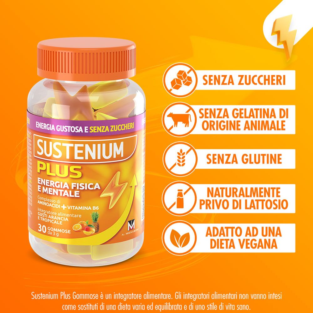 Un flacone Sustenium Plus con tappo arancione. Scritta: Energia Gustosa e Senza Zuccheri. Senza zucchero, gelatina, glutine, lattosio.