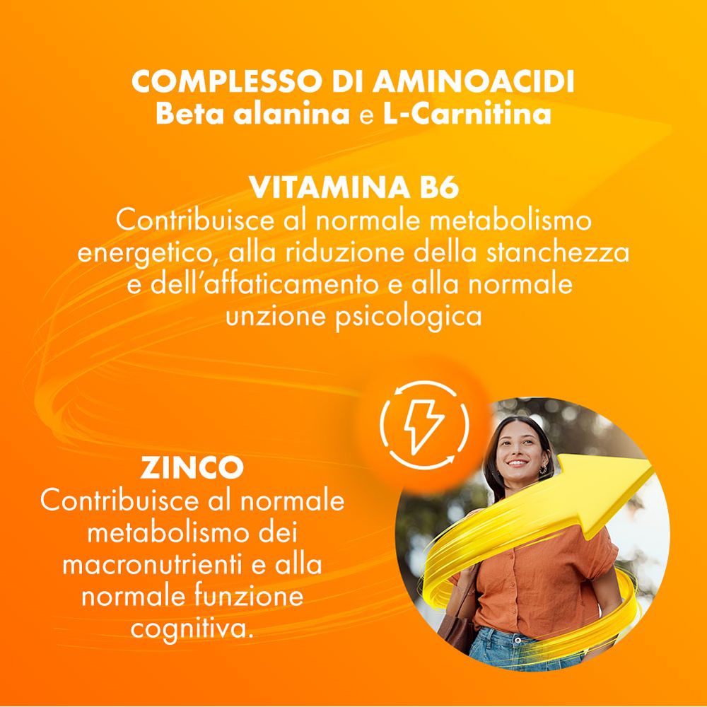 Testo su aminoacidi, beta alanina e L-carnitina. Descrizione di vitamina B6 e zinco. Una donna sorride accanto a un fulmine.