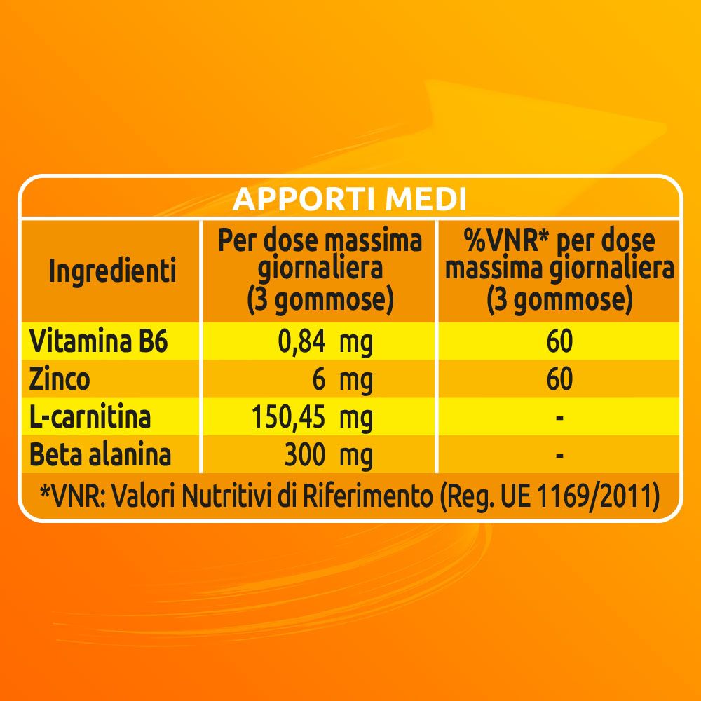 Tabella nutrizionale con ingredienti: Vitamina B6, Zinco, L-carnitina, Beta alanina. Dettagli in mg e %VNR.