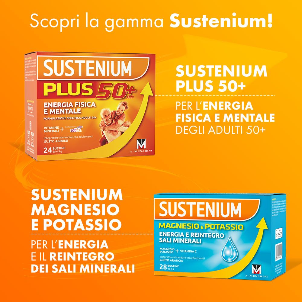 Due confezioni di prodotti: Sustenium Plus 50+ e Sustenium Magnesio + Potassio. Entrambi in scatola.