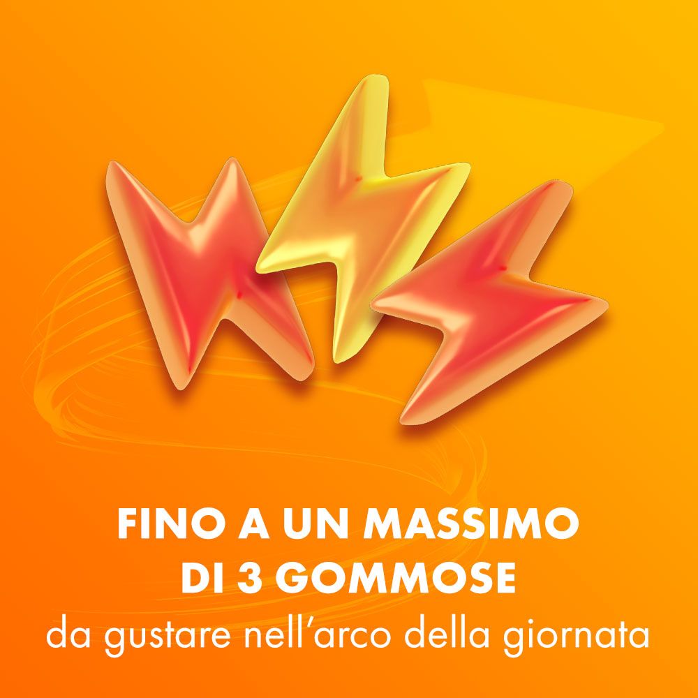 Tre fulmini gialli e rossi. Testo: "Fino a un massimo di 3 Gommose da gustare nell'arco della giornata".