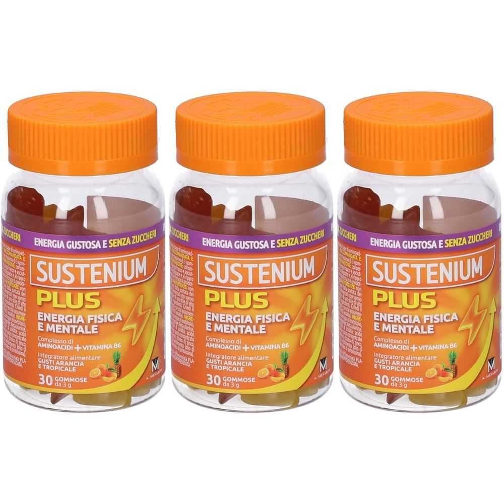 Tre bottiglie con tappi arancioni. Ogni bottiglia riporta "Sustenium Plus" e "30 Gommose".