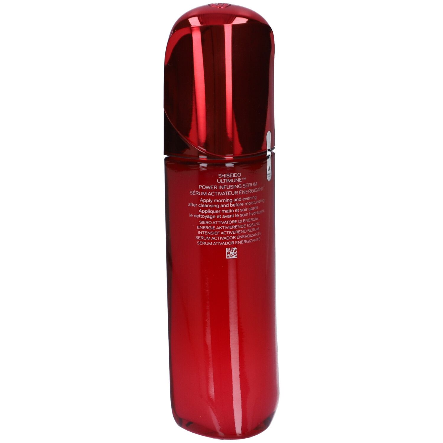 Flacone rosso con tappo rosso. Testo sul retro. Nome prodotto: SHISEIDO ULTIMUNE Power Infusing Serum.