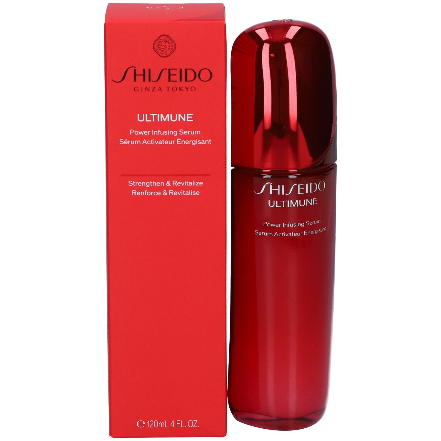 Scatola e flacone rossi. Scritta: SHISEIDO ULTIMUNE Power Infusing Serum. 120ml 4 FL. OZ.