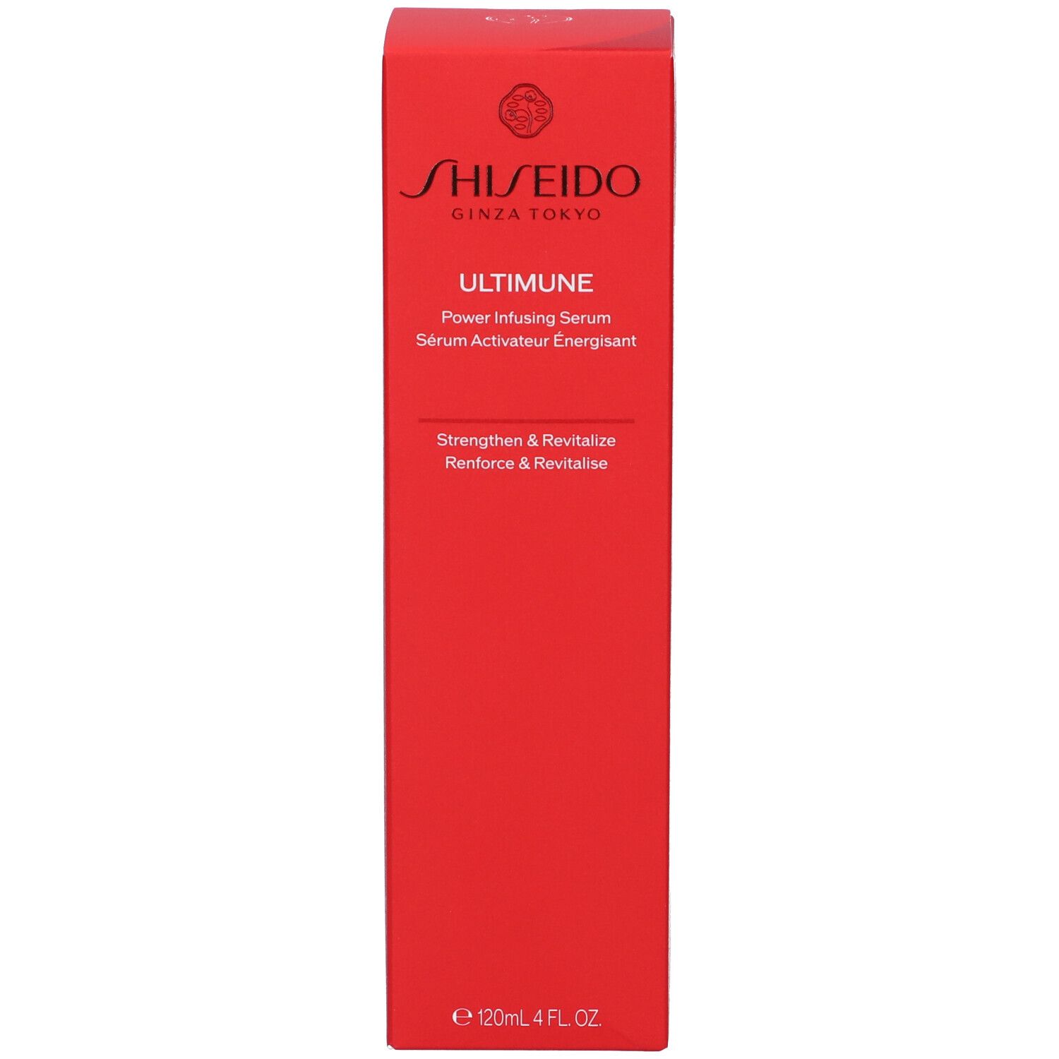 Scatola rossa. Scritta: SHISEIDO ULTIMUNE Power Infusing Serum. 120ml 4 FL. OZ.