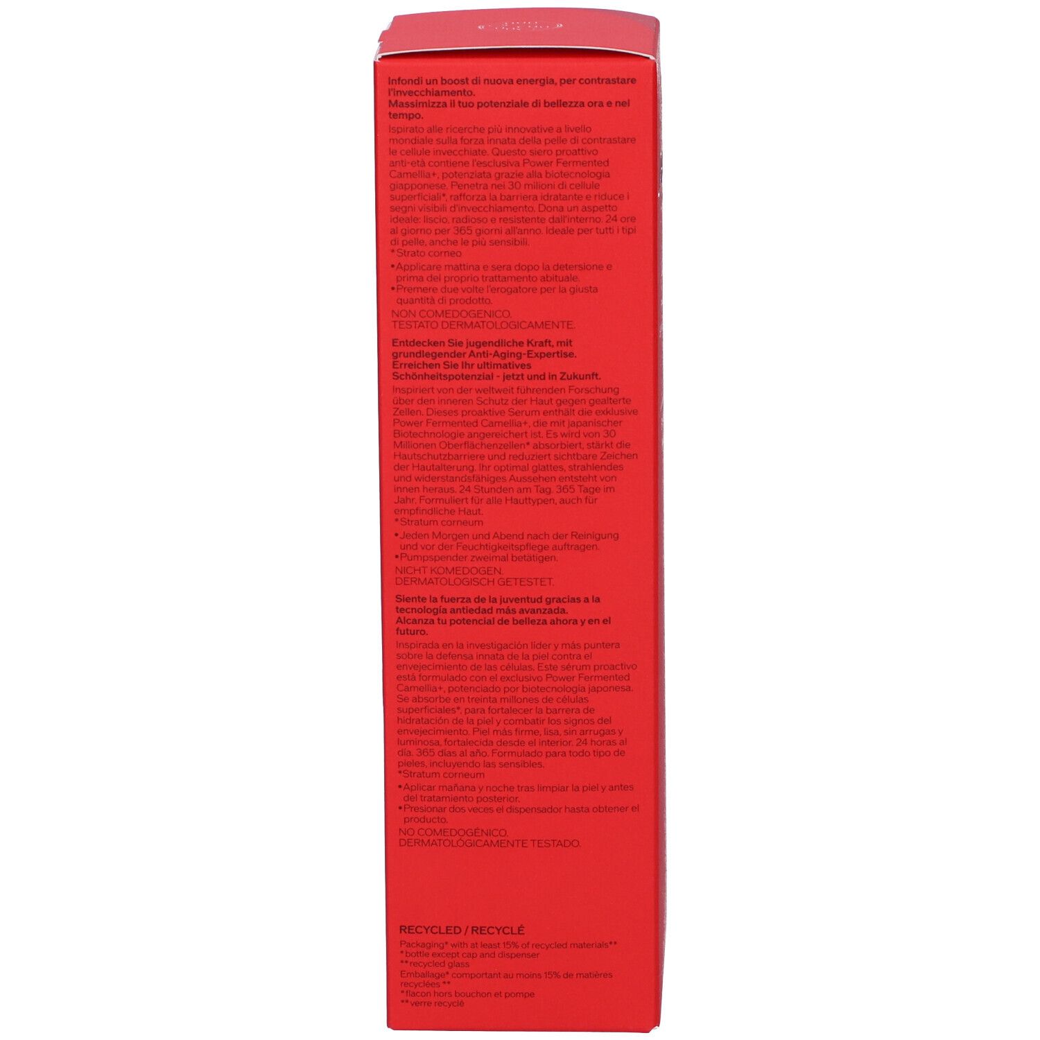 Scatola rossa. Testo sul retro. Nome prodotto: SHISEIDO ULTIMUNE Power Infusing Serum.