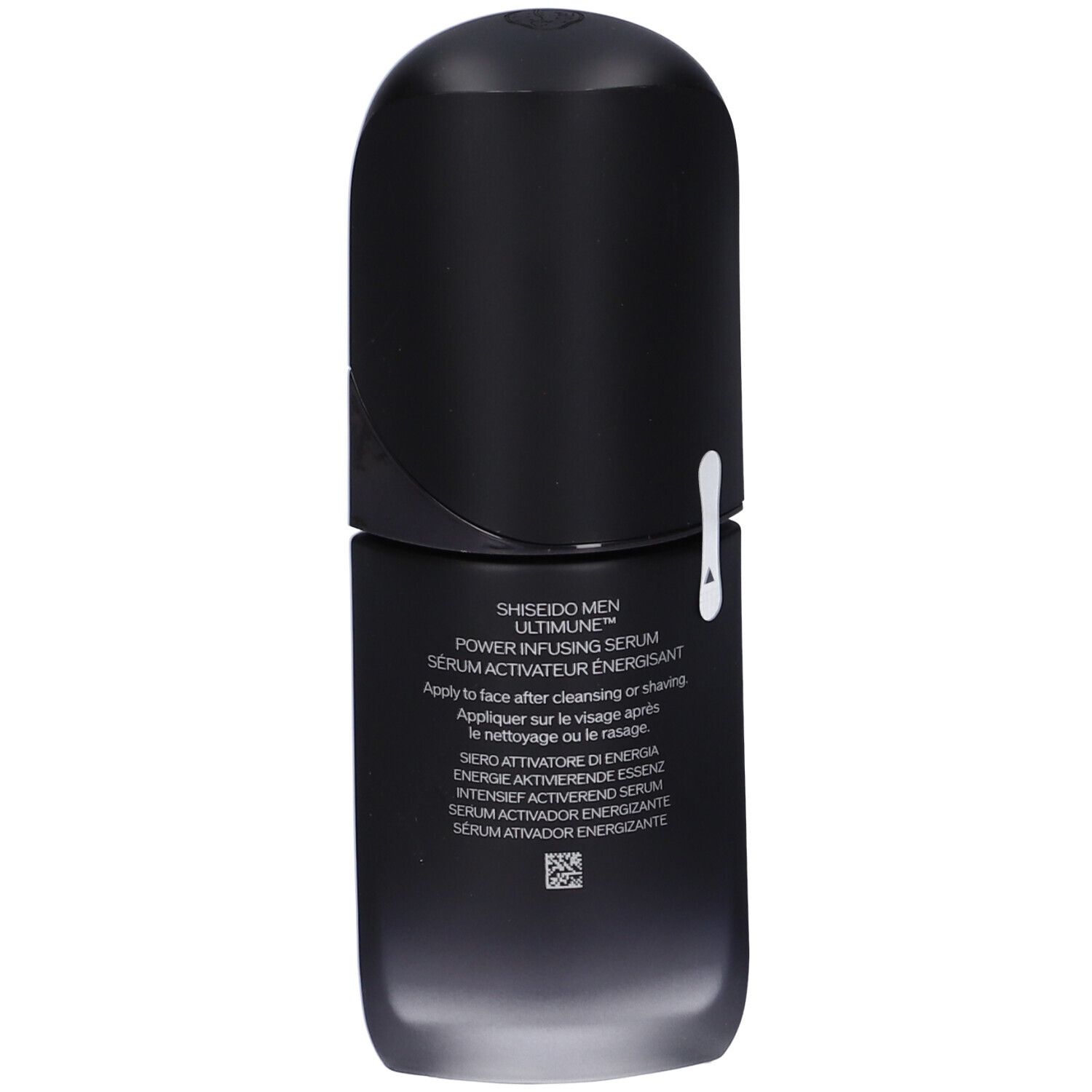Retro del flacone nero. Scritta: SHISEIDO MEN ULTIMUNE Power Infusing Serum. Testo multilingue.