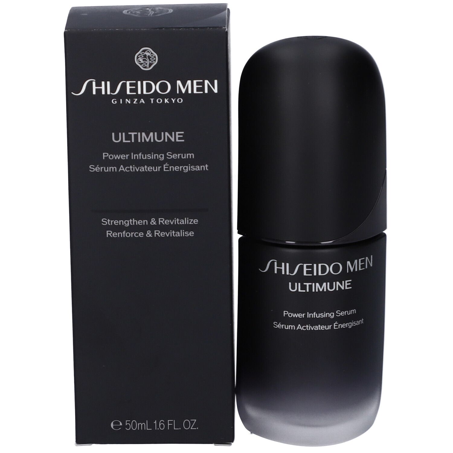 Scatola nera e flacone. Scritta: SHISEIDO MEN ULTIMUNE Power Infusing Serum. 50ml.