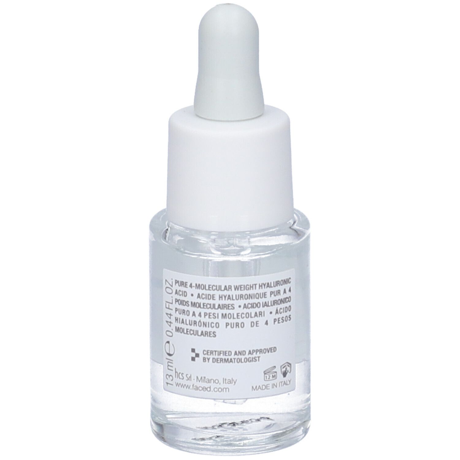 Vista posteriore di una piccola bottiglia di siero. Etichetta con informazioni sul prodotto. 13 ml. Certificato da dermatologo. Marchio FaceD.