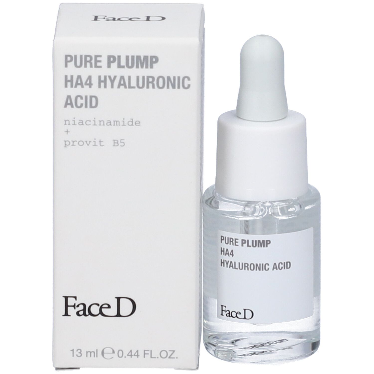 Piccola bottiglia di vetro di siero e confezione. Scritta: Pure Plump HA4 Acido Ialuronico. Marchio FaceD. 13 ml.