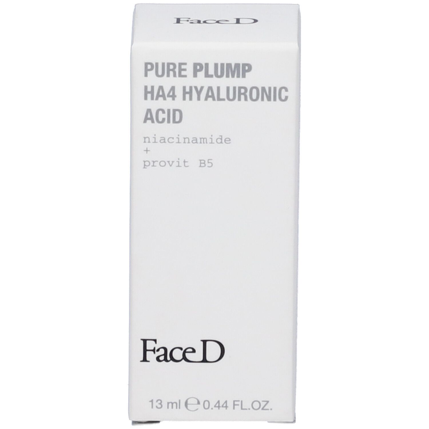 Confezione bianca con informazioni sul prodotto. Scritta: Pure Plump HA4 Acido Ialuronico. Marchio FaceD. 13 ml.