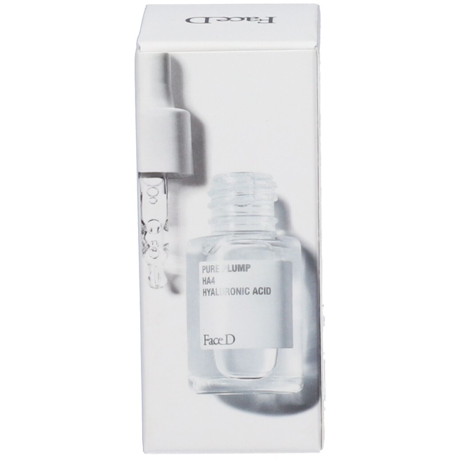 Piccola bottiglia di vetro di siero e confezione. Bottiglia con pipetta. Scritta: Pure Plump HA4 Acido Ialuronico. Marchio FaceD.