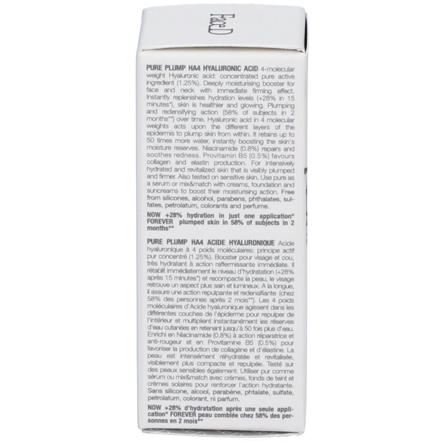 Retro della confezione con informazioni sul prodotto. Certificato da dermatologo. Vegano, Cruelty Free. Marchio FaceD.