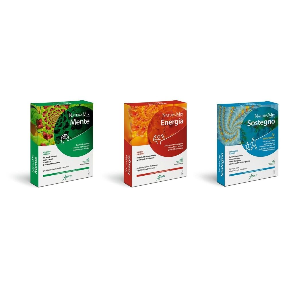 Aboca Natura Mix Advanced Sostegno Concentrato Fluido Nuova Formula + Aboca Natura Mix Advanced Mente Concentrato Fluido Flaconcini + Aboca Natura Mix Advanced Energia Concentrato Fluido Flaconcini