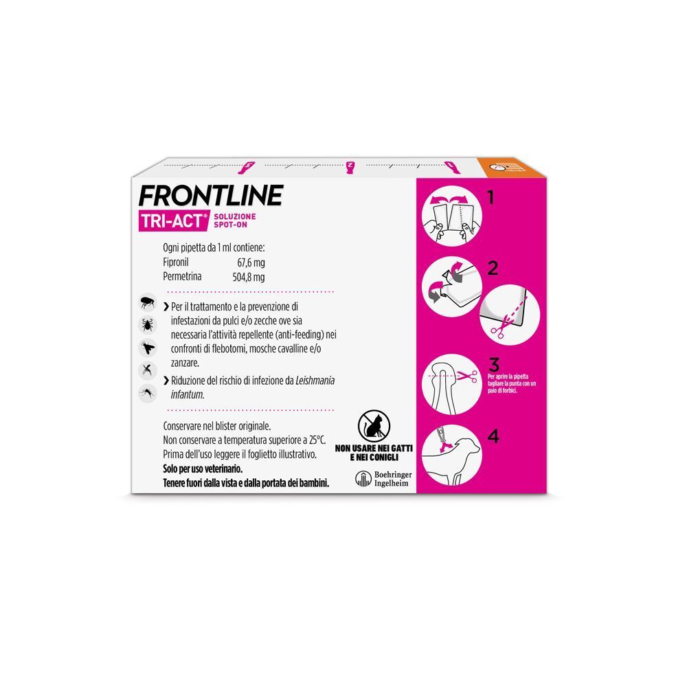 Confezione Frontline Tri-Act. Contiene informazioni sugli ingredienti e l'uso. Non per gatti.