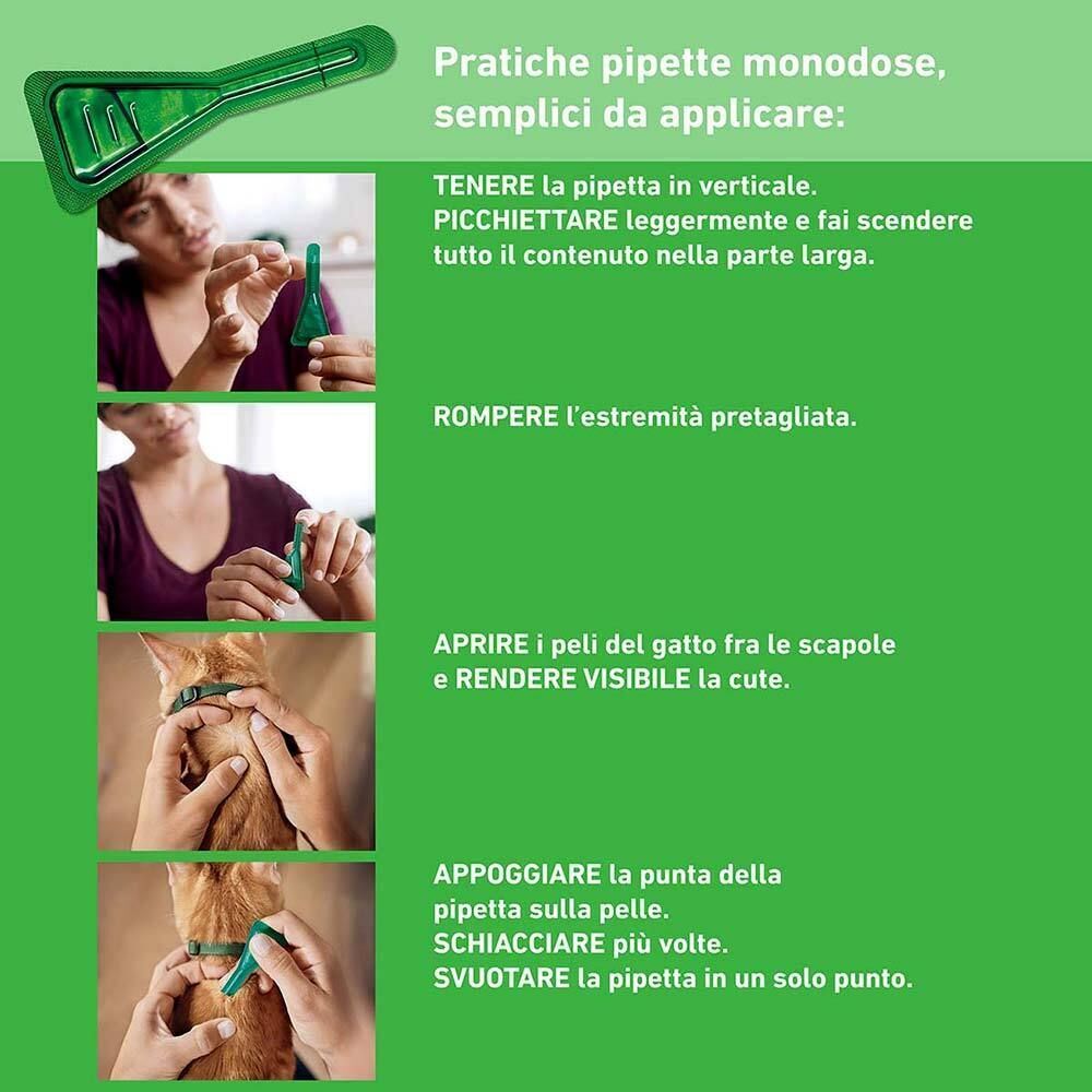 Istruzioni per l'uso con immagini: tenere la pipetta, aprire, applicare sulla pelle.